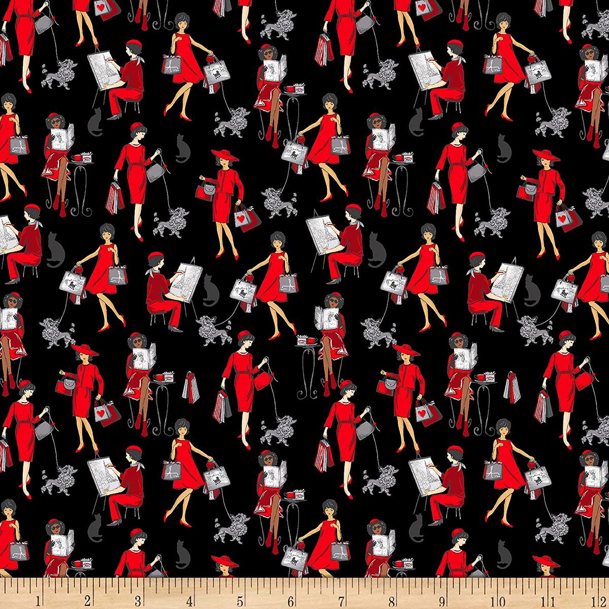 Bonjour Parisian Women Red Black Timeless Treasures Cotton Fabric 1/2