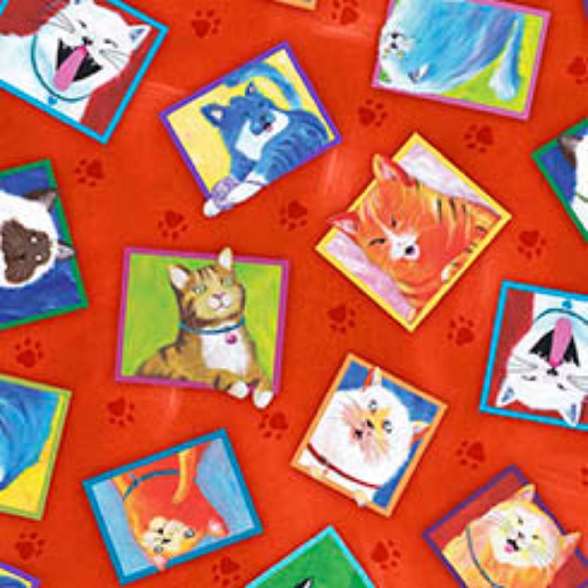 Cat Chat Frame Toss Red Cotton Fabric