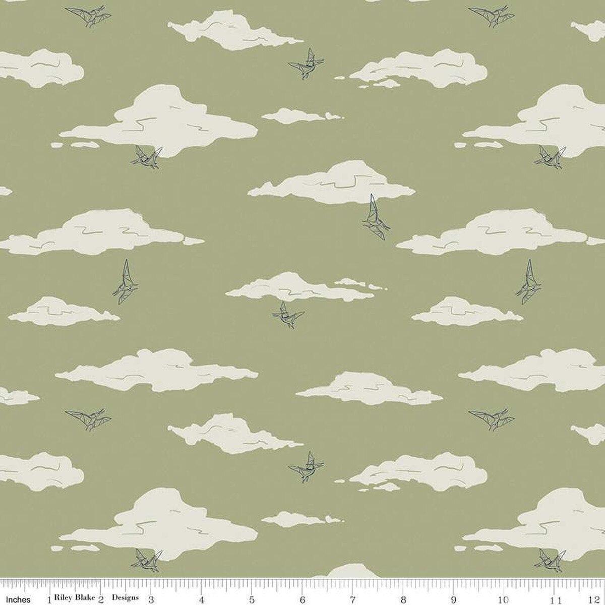 Cretaceous Pterodactyl Clouds Sage Cotton Fabric