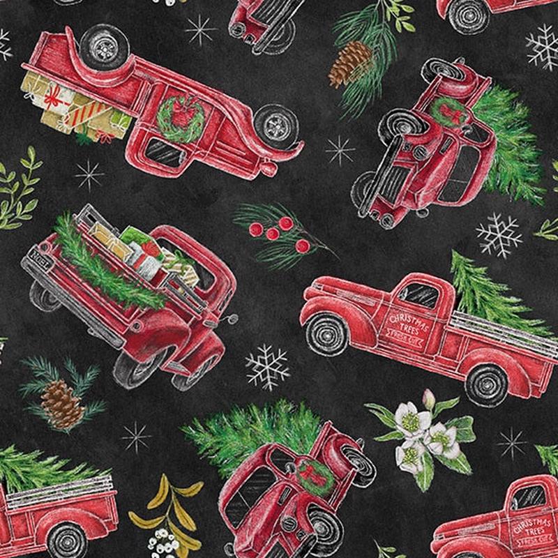 Mistletoe Magic Christmas Red Trucks Tossed Black Lily Ford Blank Quilting Cotton Fabric 1