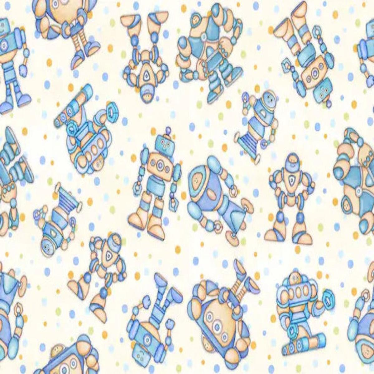 Space Ace Robots White Cotton Fabric