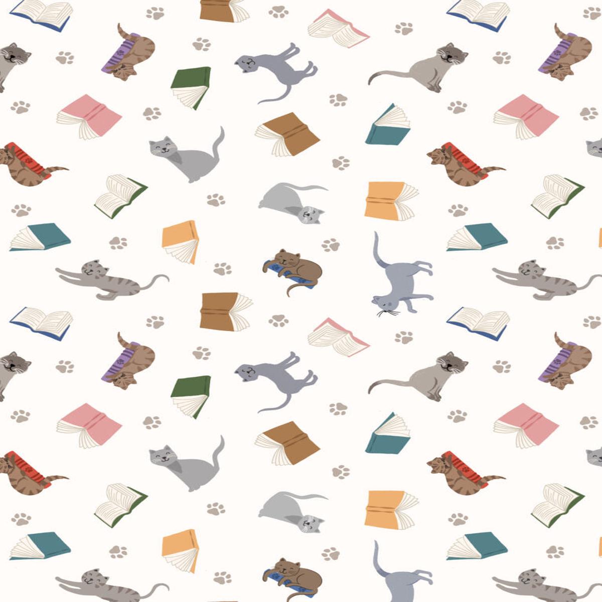 The Purrfect Book Club Scattered Cats and Books Cream Lewis & Irene Cotton Fabric LI-A965A
