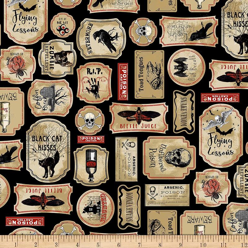 Spooky Labels Black Nevermore Timeless Treasures Cotton Fabric TT-C8637 Black 1/2