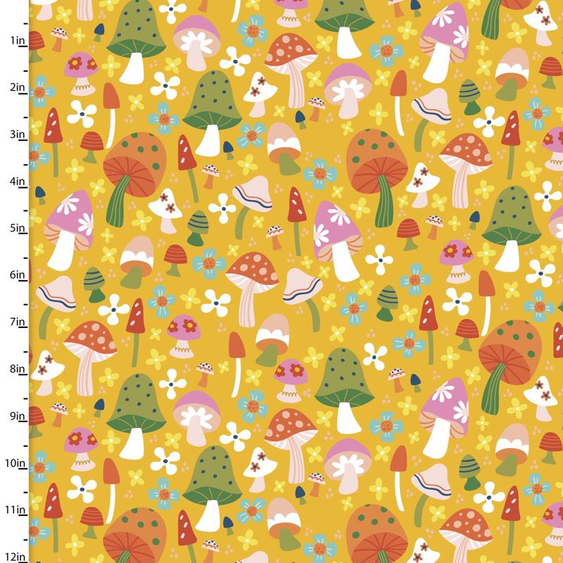 Susie Sunshine Mushroom Field Gold Amanda McGee 3 Wishes Cotton Fabric 1