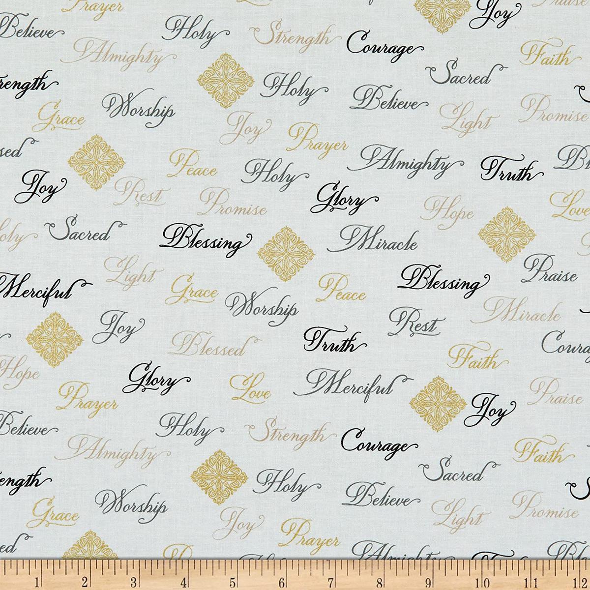Appreciation Blessings Inspirational Metallic Words White Whistler Studios Windham Cotton Fabric WF-52498M-2 1