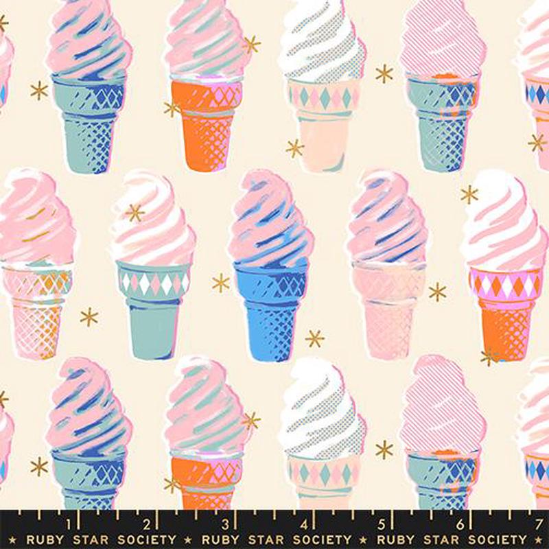 Best Day Ever Ice Cream Natural Metallic Melody Miller Ruby Star Society Moda Cotton Fabric MD-RS0105-11M