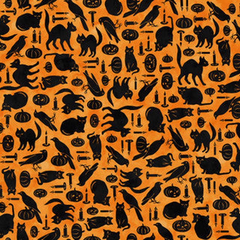 Spooky Hallow Cats and Crows Orange Maywood Studio Cotton Fabrics