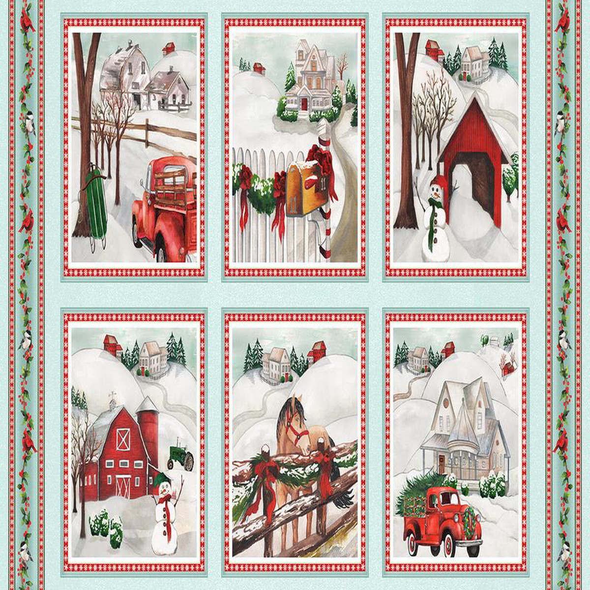 Wintry Mix Winter Block Panel 248243 Mint Green Red Barn Truck Horse Farm Elizabeth Medley Blank Quilting Cotton Fabric