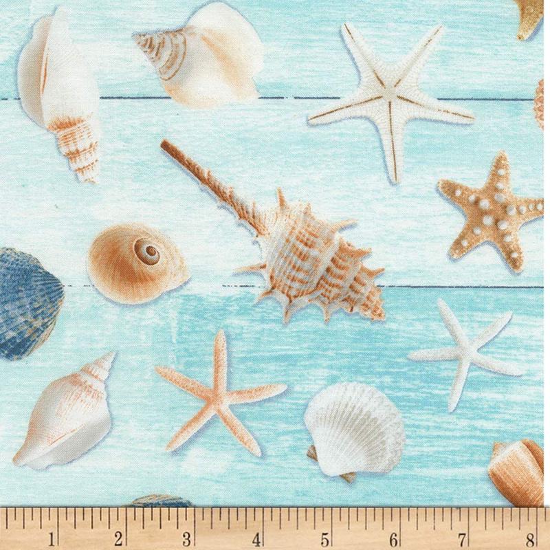 Beach is My Happy Place Seashells Allover Aqua Timeless Treasures Cotton Fabric 1