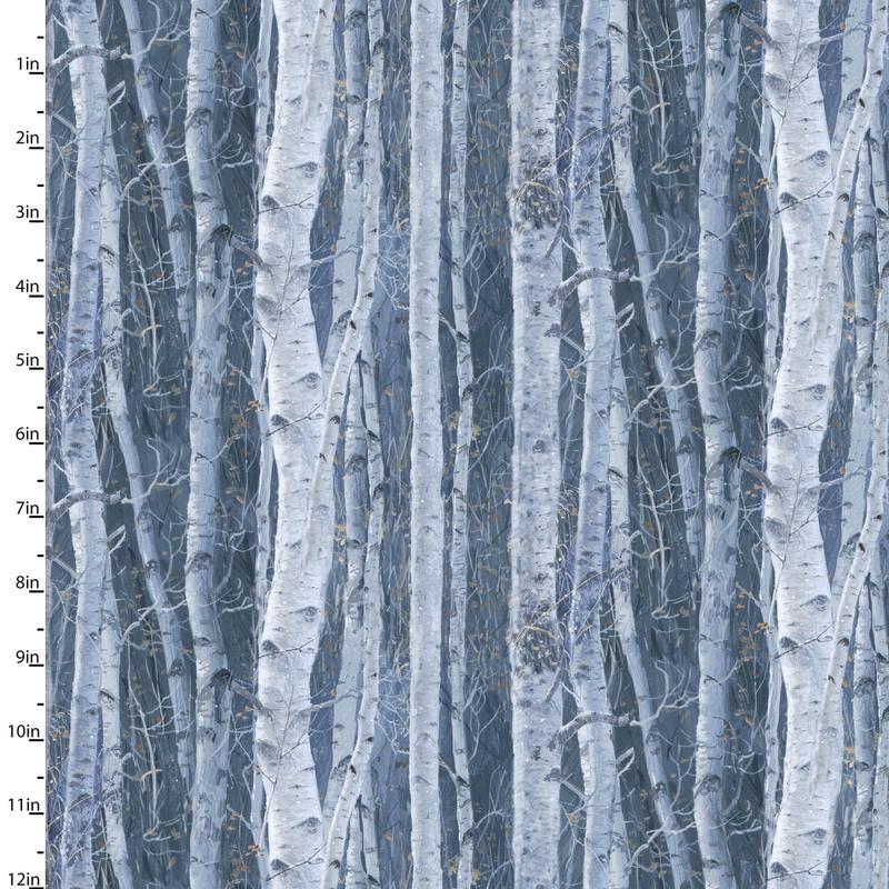 Under the Moonlight Winter Birch Blue Abraham Hunter 3 Wishes Cotton Fabric 3W-23767-BLU 1/2