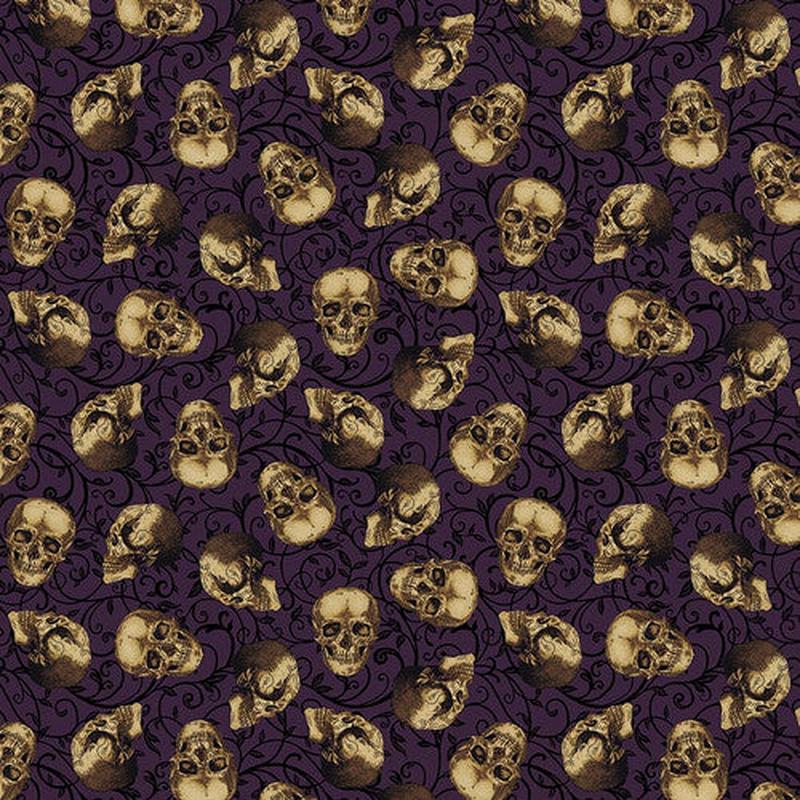 Bones Tossed Skulls Dark Plum Melissa Wang Studio E Cotton Fabric 1/2