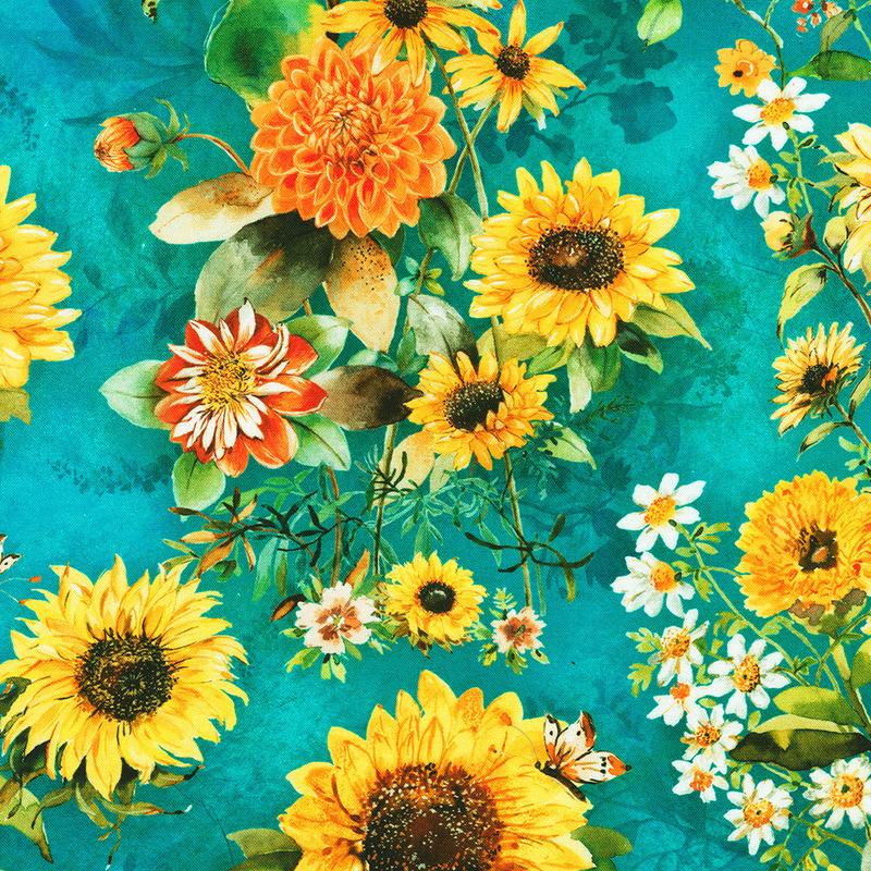Sunlit Garden Sunflower Turquoise Blue Lauren Wan Robert Kaufman Cotton Fabric  RK-AVMD-23115-81