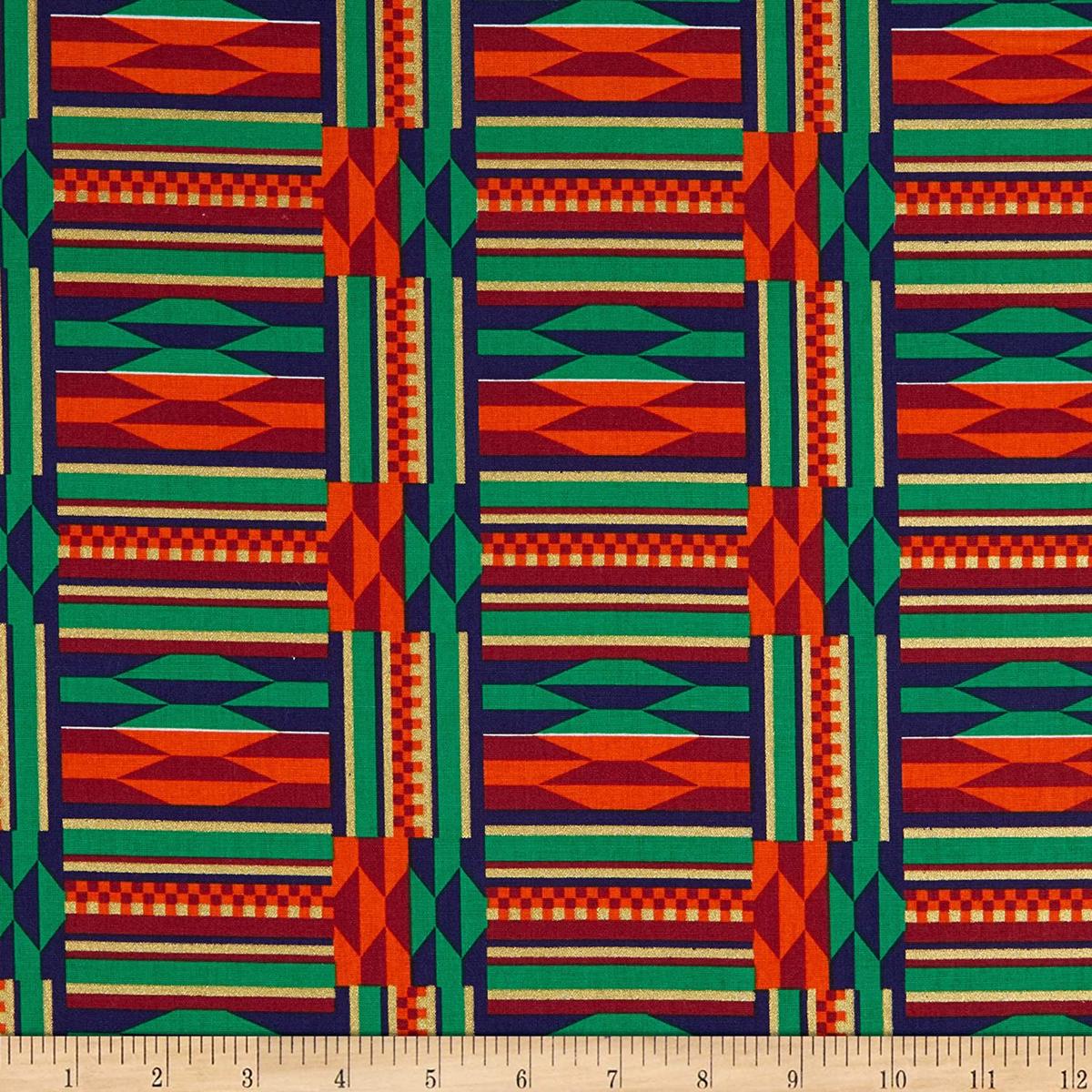African Kente Grid Gold Metallic David Textiles Cotton Fabric DX-2443-0C-1 Blue Orange Multi