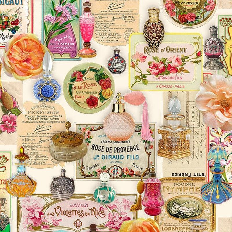The Gilded Age Vintage Perfumes Cream Aimee Stewart Michael Miller Cotton Fabric