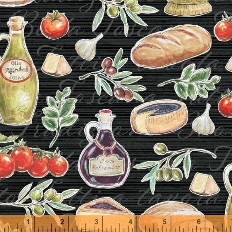 Bella Toscana Wine Bread and Cheese Black Windham Fabrics Cotton Fabric WF-51351-1 1/2