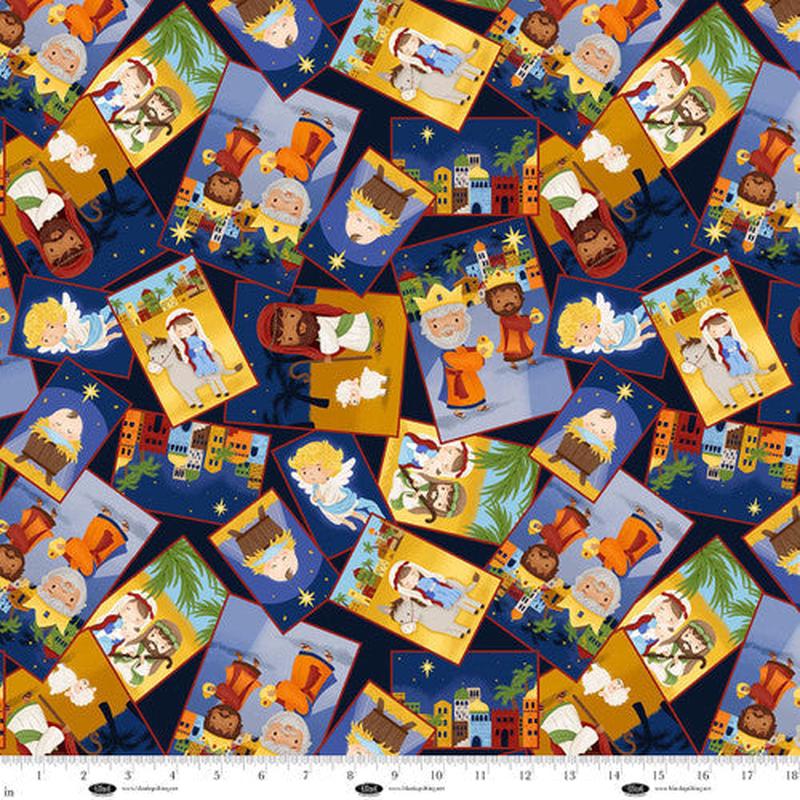 Away in a Manger Nativity Squares Tossed Blue Satin Moon Designs Blank Quilting Cotton Fabric BQ-4193-77 1/2