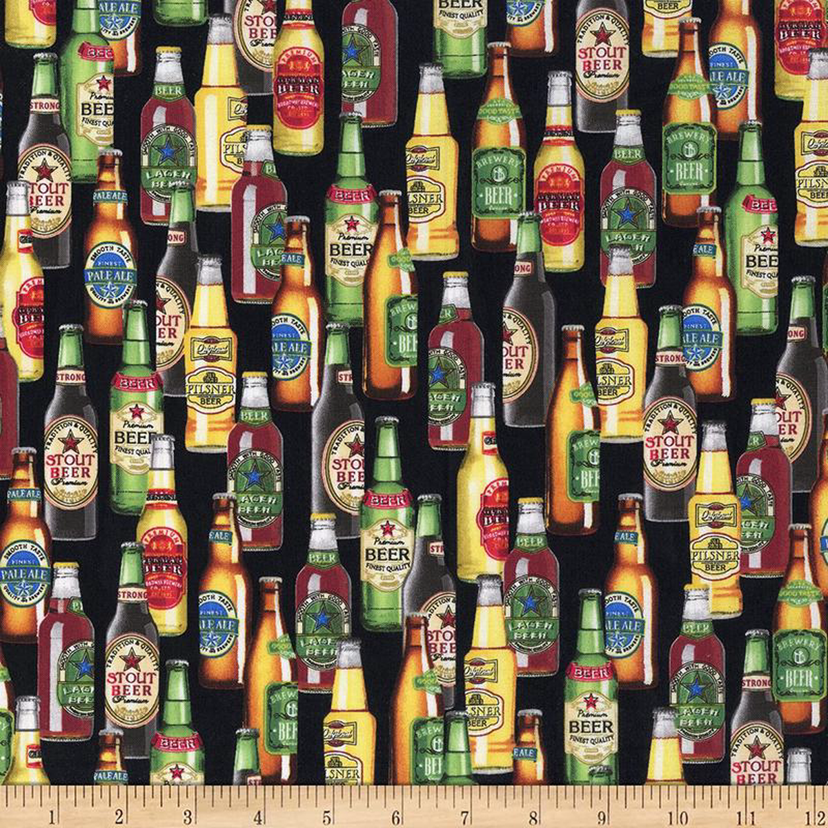 Beer Tasty Beer Bottles Black Octoberfest Timeless Treasures Cotton Fabric