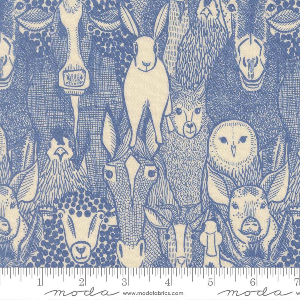 The Henhouse Barnyard Faces Animals Cobalt Dark Blue Gingiber Moda Cotton Fabric MD-48431-19