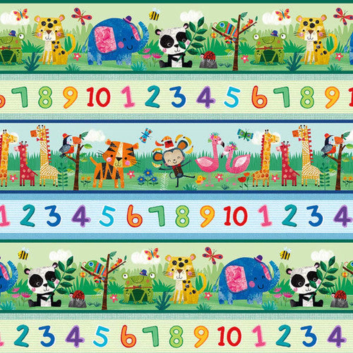 Zoo Crew Border Stripe Animals and Numbers Sage Green Lindsey Sagar Blank Quilting Cotton Fabric 1
