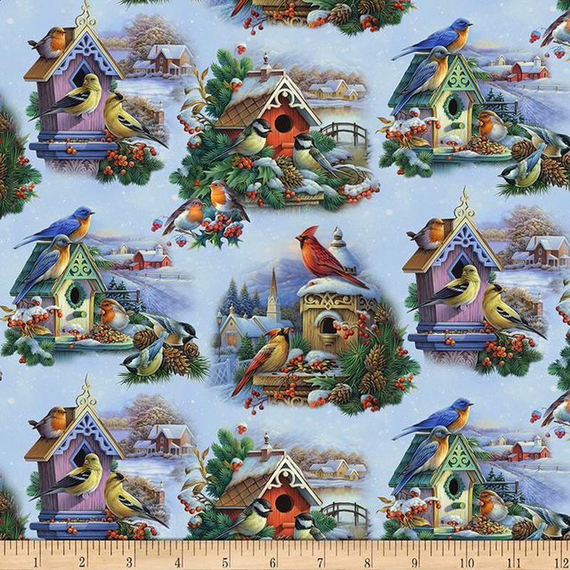 Winter Song Birds in Snow Elizabeth's Studio Cotton Fabric ES-9410 Snow 1/2