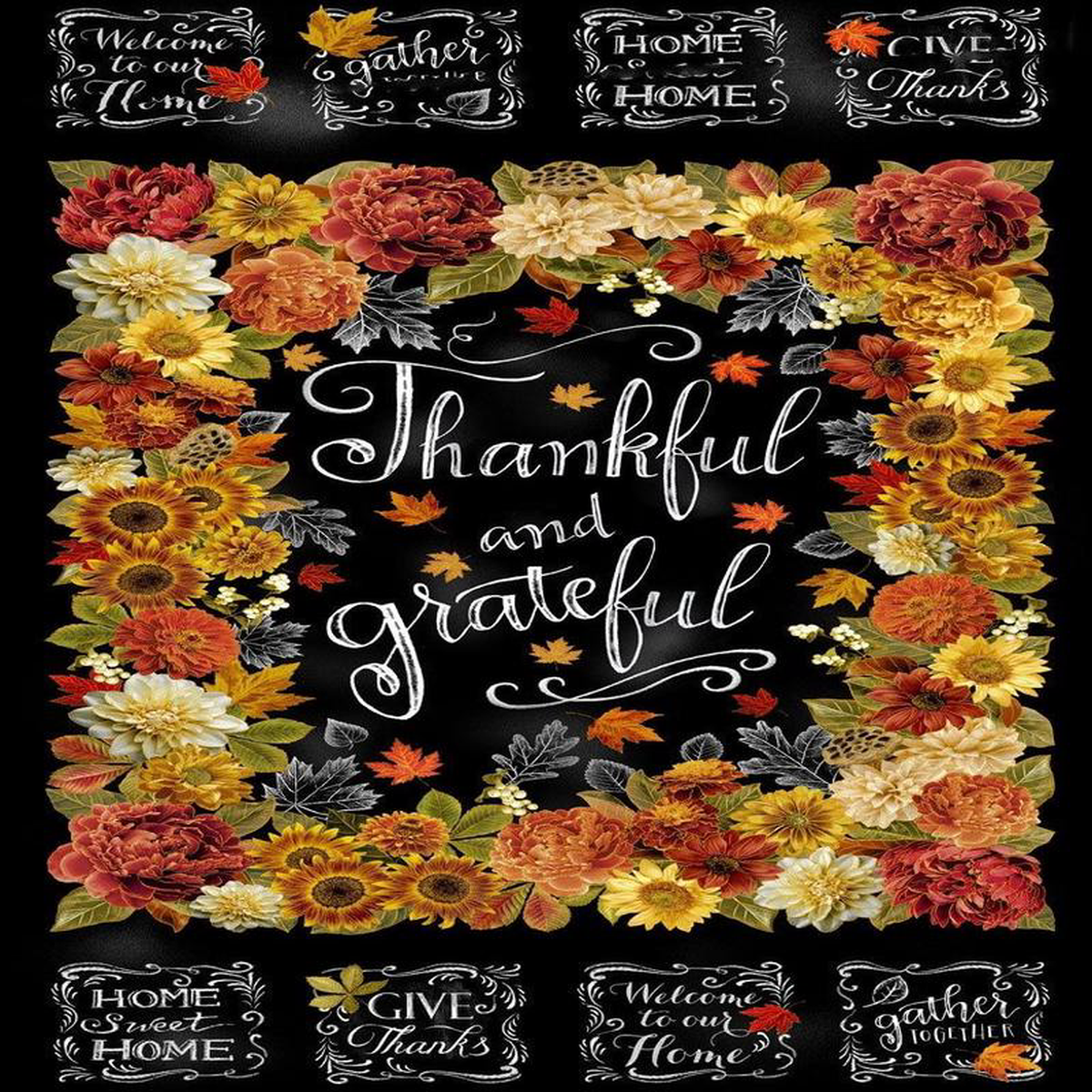 Thankful and Grateful Panel 248243 Black Metallic Timeless Treasures Cotton Fabric