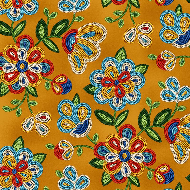 Tucson Beaded Flower Moosehide Golden Yellow Elizabeth's Studio Cotton Fabric ES-449 Moosehide