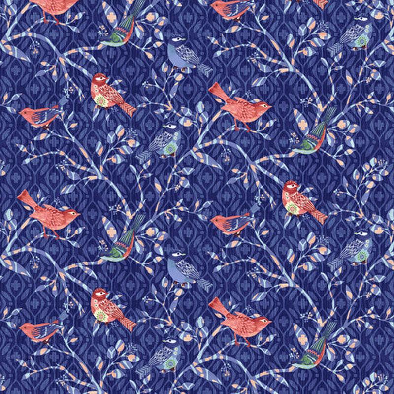 Bella Blue Birds Bird Branches Indigo Blue Jennifer Brinley Studio E Cotton Fabric 1/2
