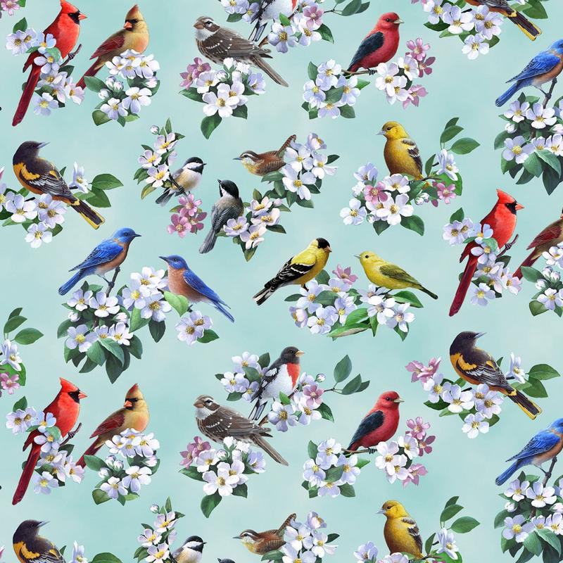 Tweethearts Allover Birds Floral Azure Blue Bradley Jackson Elizabeths Studio Cotton Fabric 1