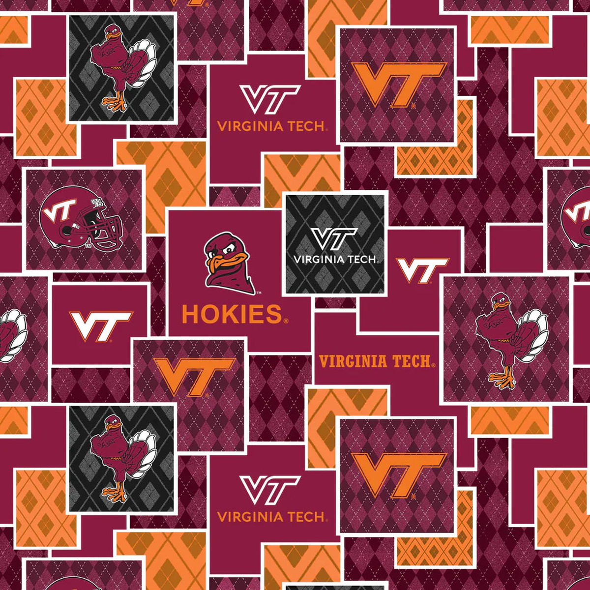 Virginia Tech Hokies NCAA College Argyle Boxes Sykel Cotton Fabric VT-1371