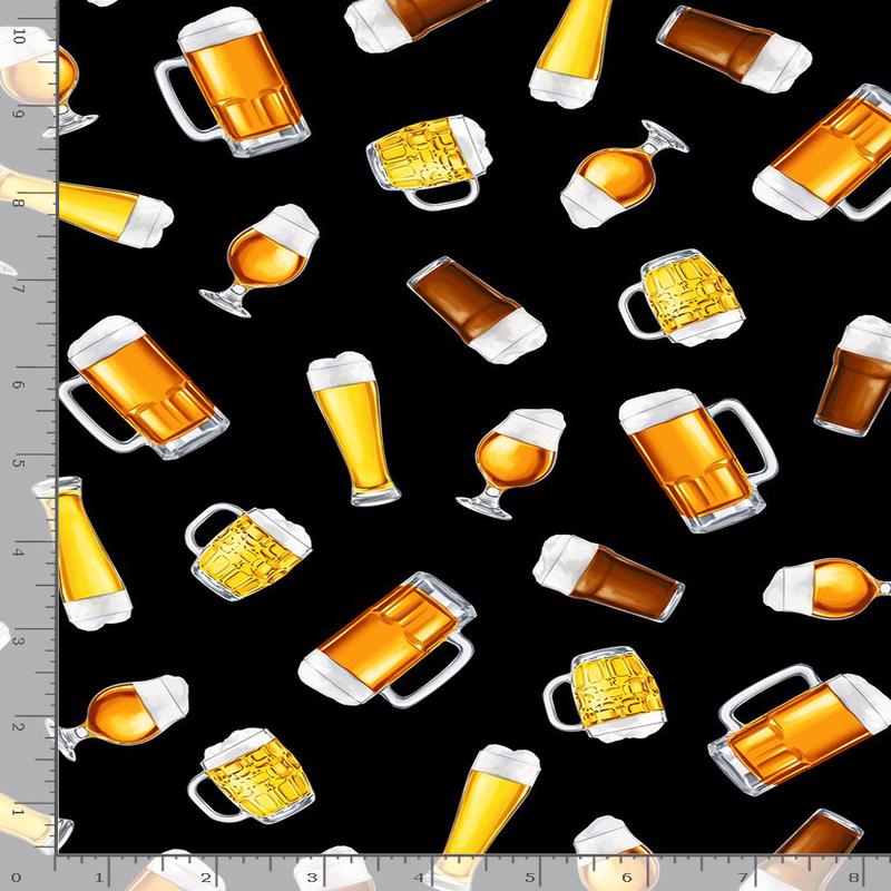 Beer Grab me a Beer Tossed Beer Glasses Black Timeless Treasures Cotton Fabric 1/2