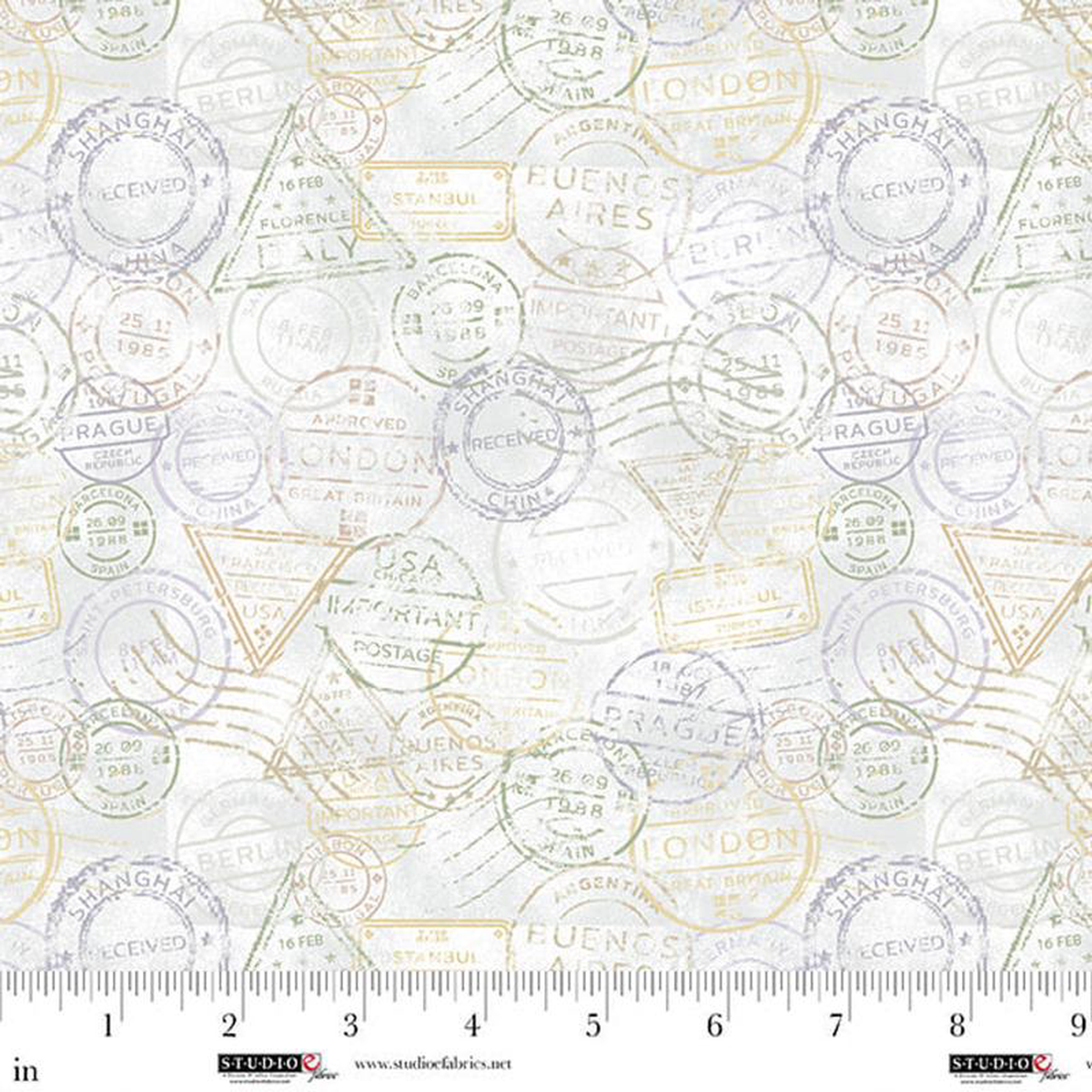 Air Mail Postage Toss Mist Nancy Smith Studio E Cotton Fabric SE-8501-19