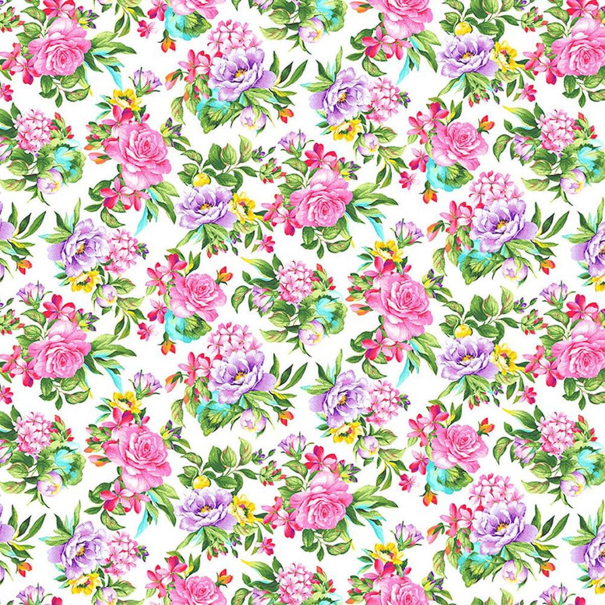 Splendid Path Tossed Floral White Karen Montgomery Studio E Cotton Fabric 1/2
