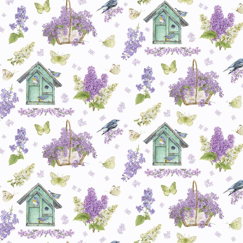 Bloomerang Lilac Garden and Bird House Multi Jane Shasky Henry Glass Cotton Fabric 1/2