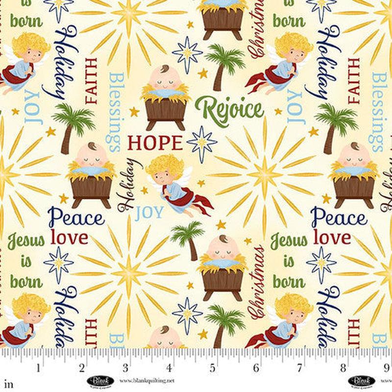 Away in a Manger Nativity Words Ivory Satin Moon Designs Blank Quilting Cotton Fabric BQ-4189-41