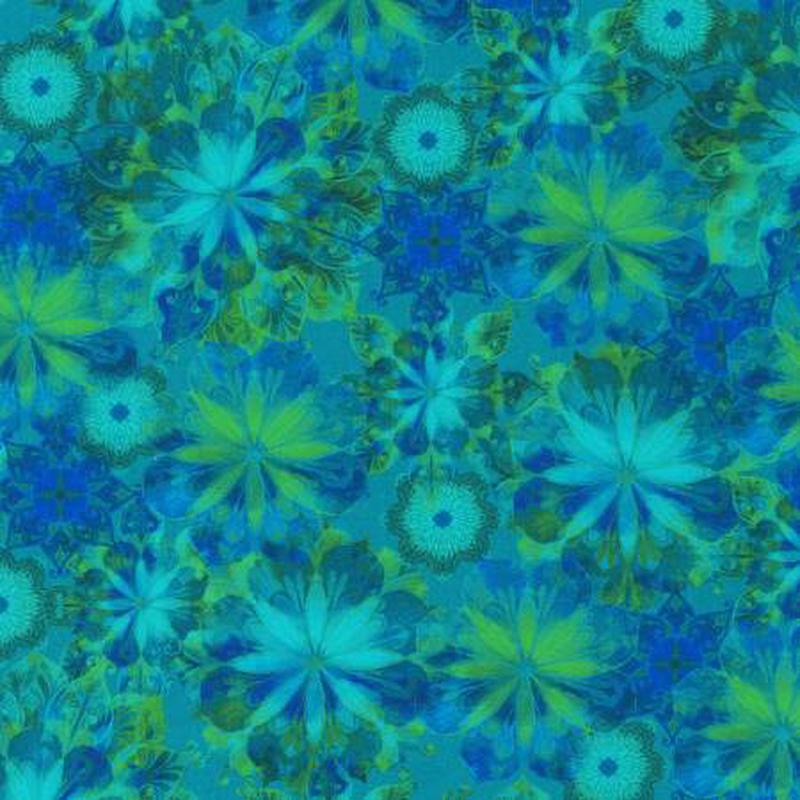 Venice Flower Blossom Collage Teal Blue Green Christiane Marques Robert Kaufman Cotton Fabric RK-AQSD-19722-213 1/2