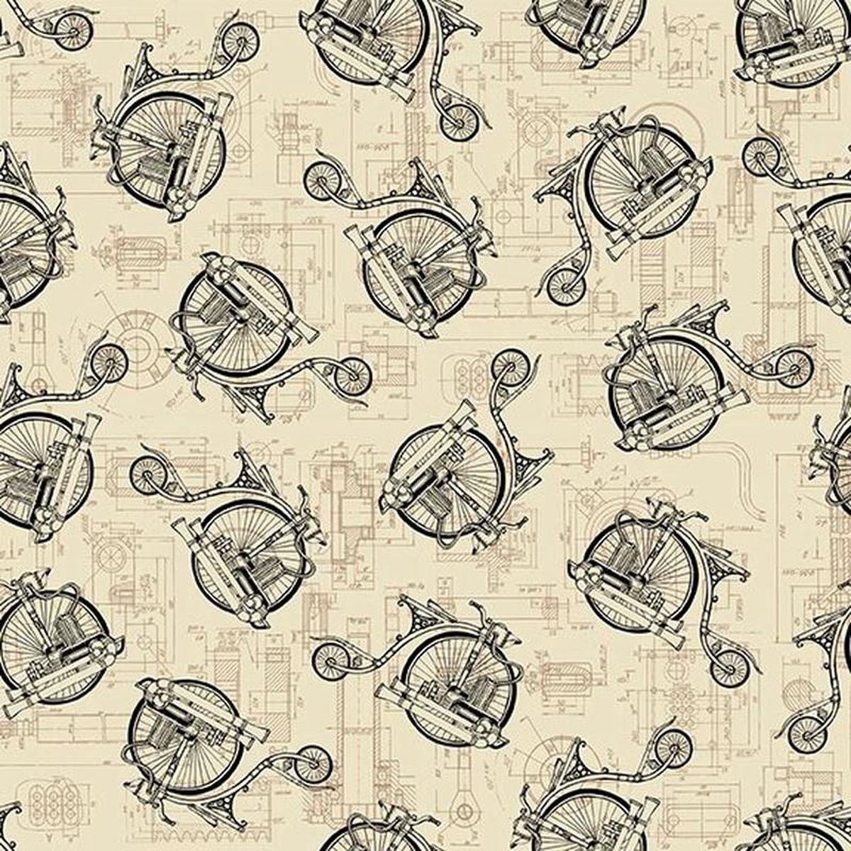 Alternative Age Bicycles Parchment Beige Urban Essence Designs Blank Quilting Cotton Fabric BQ-2321-41