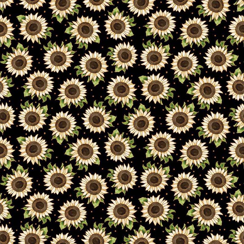 Autumn Elegance Tossed Sunflower Black Metallic Kitten Studio Henry Glass Cotton Fabric HG-729M-99