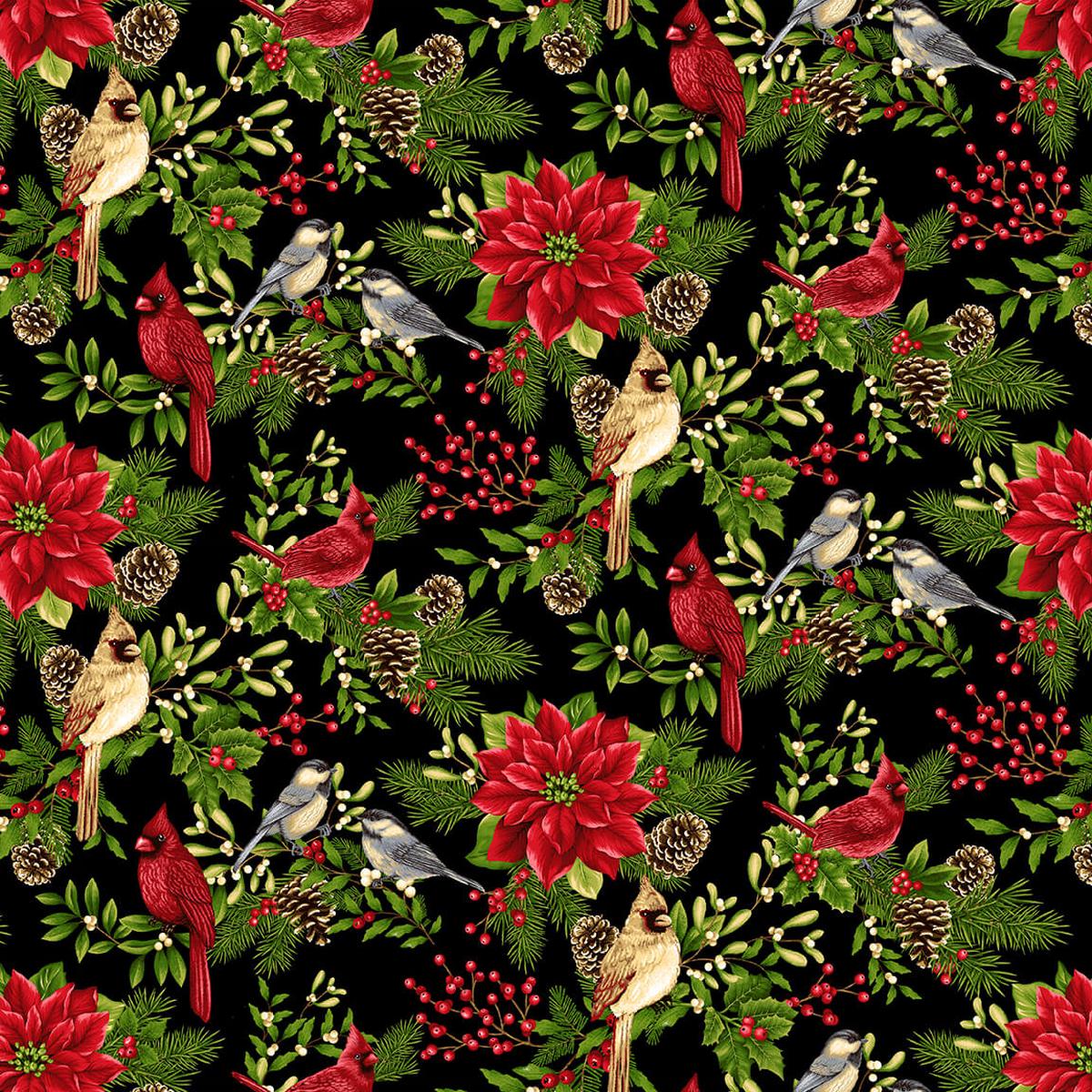 Winter Garden Birds Branches Red Cardinal Poinsettia Mistletoe Black Color Principle Henry Glass Cotton Fabric 1/2
