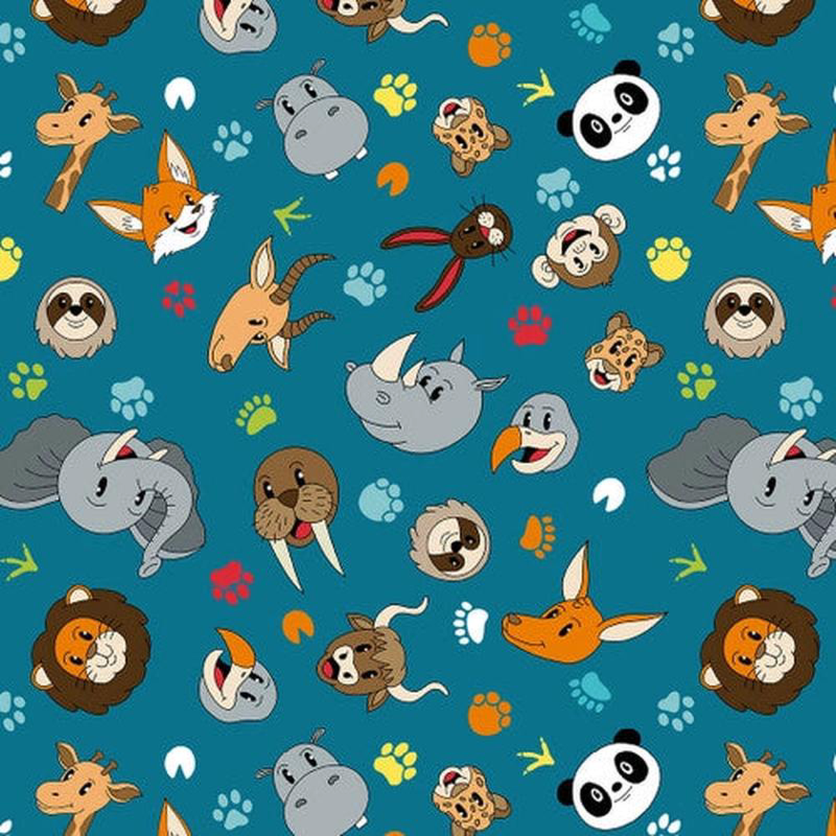A to Zoo Tossed Animal Faces Teal Hannah of Pencil 038 Ink Studio Blank Quilting Cotton Fabric BQ-2654-67