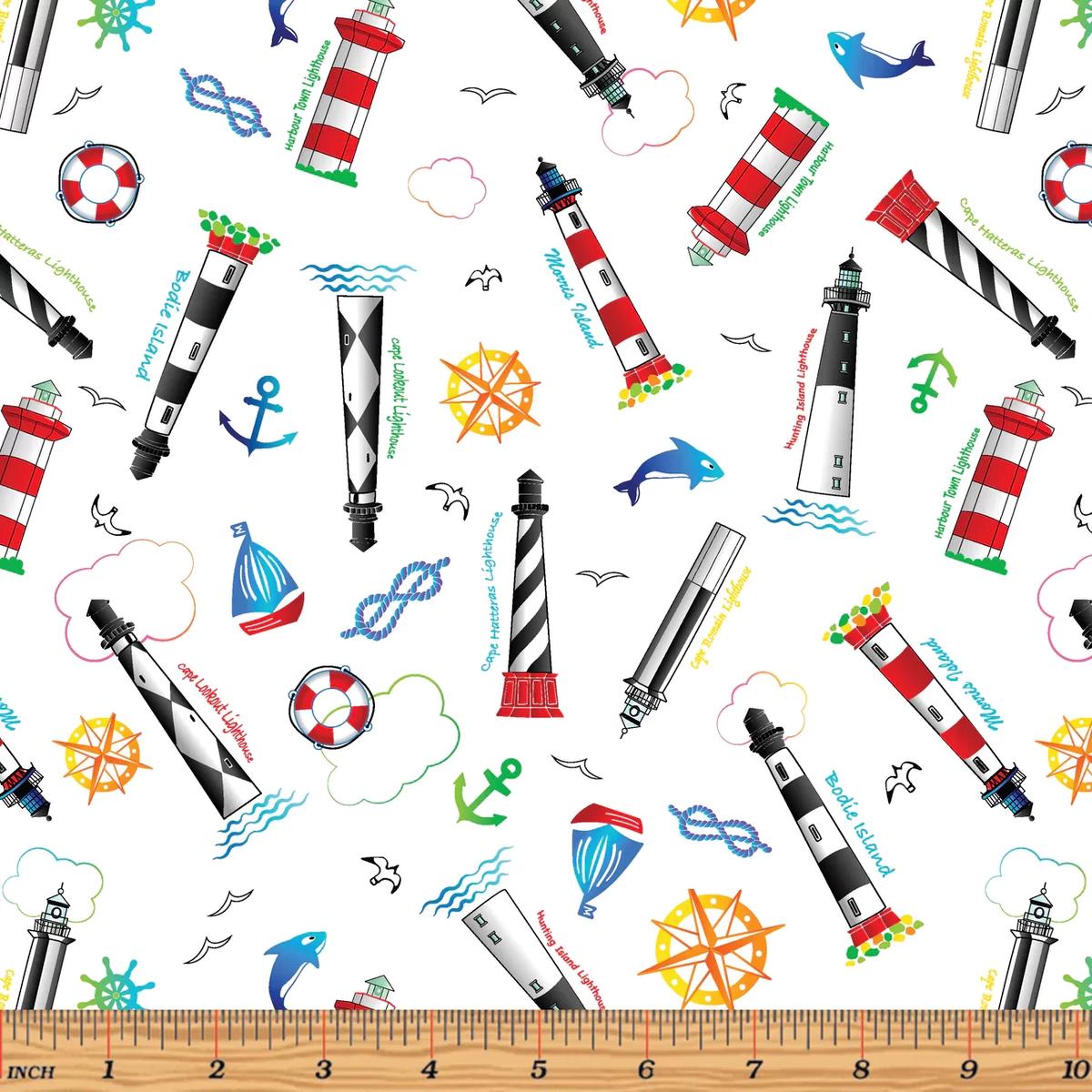 All Carolinas Shop Hop 2022 Light Houses Tossed White Benartex Cotton Fabric BE-12892-09