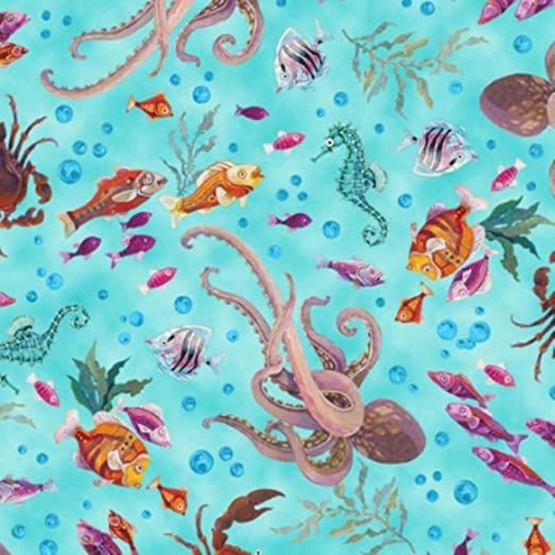 Sun and Sea Ocean Toss Turquoise David Galchutt Quilting Treasures Cotton Fabric