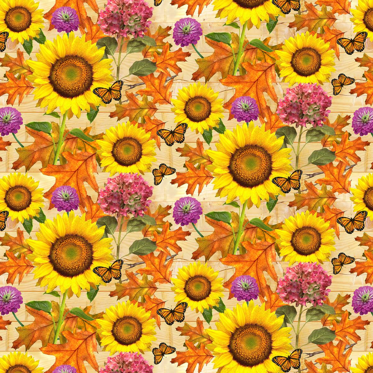 Autumn Splendor Floral Sunflowers Gold Robert Giordano Henry Glass Cotton Fabric 1/2