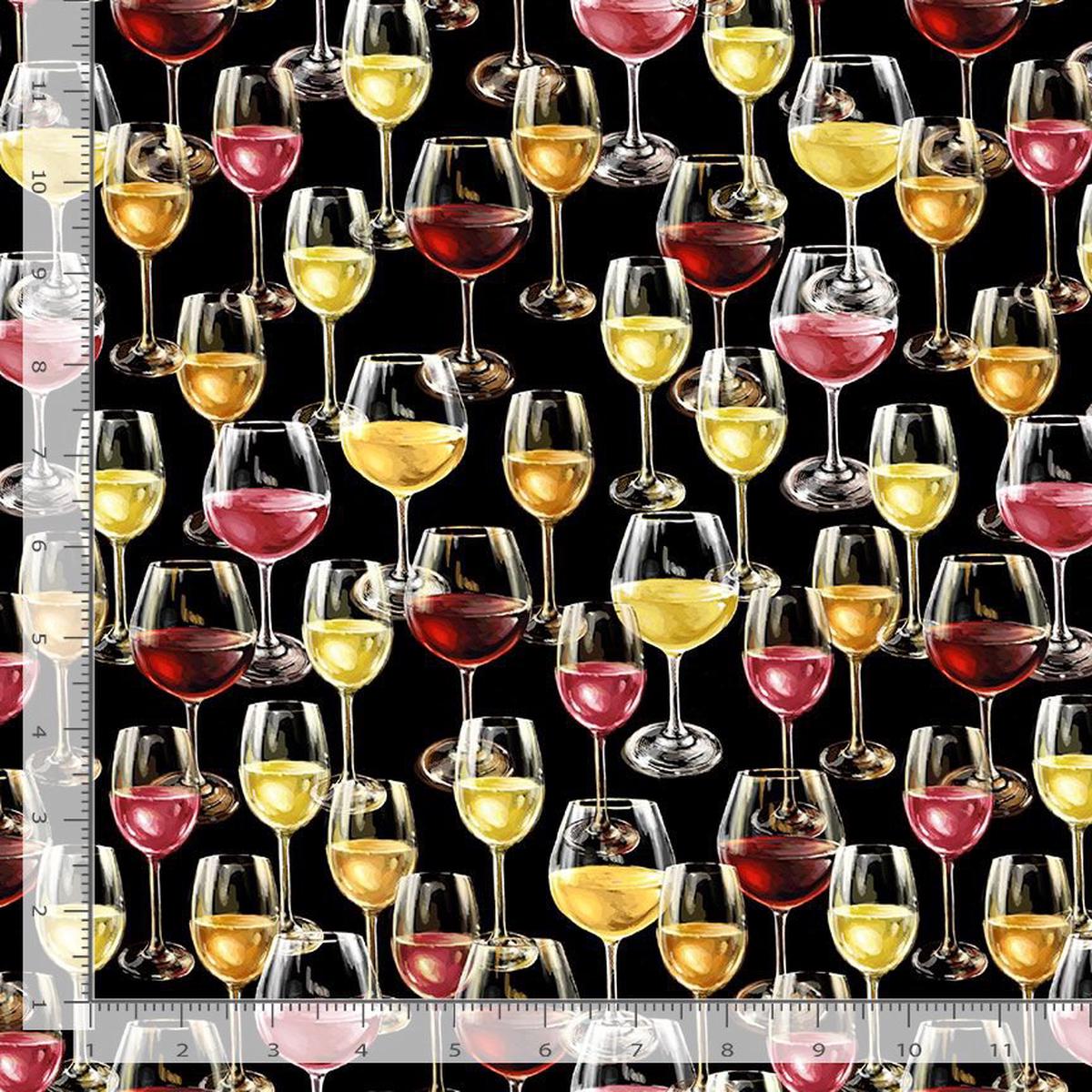 Wine Country Wine Glasses Allover Black Dona Gelsinger Timeless Treasures Cotton Fabric TT-DONA-CD3014-BLACK 1/2