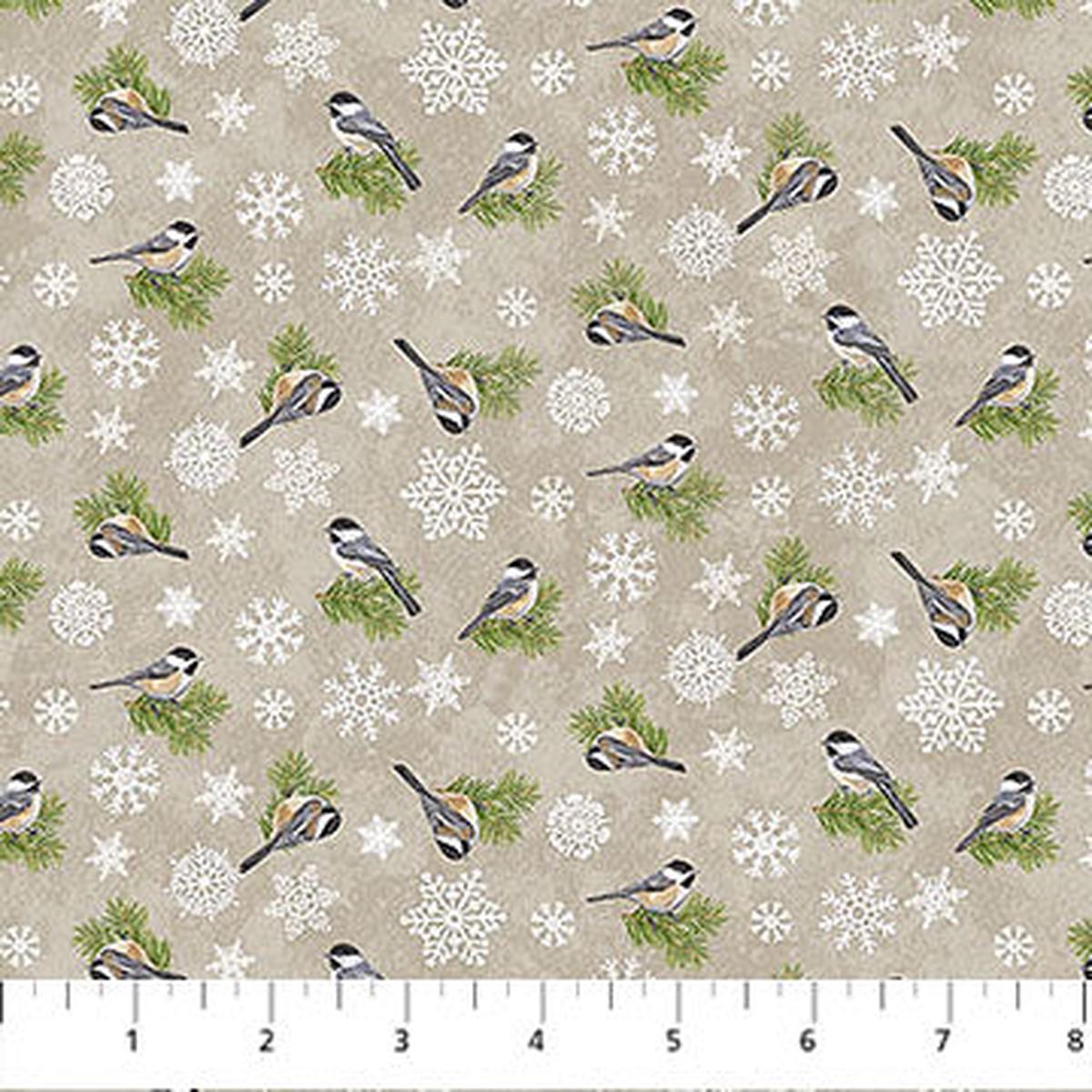 Winter Woodland Chickadees Taupe Multi Deborah Edwards Northcott Cotton Fabric NC-28871-12
