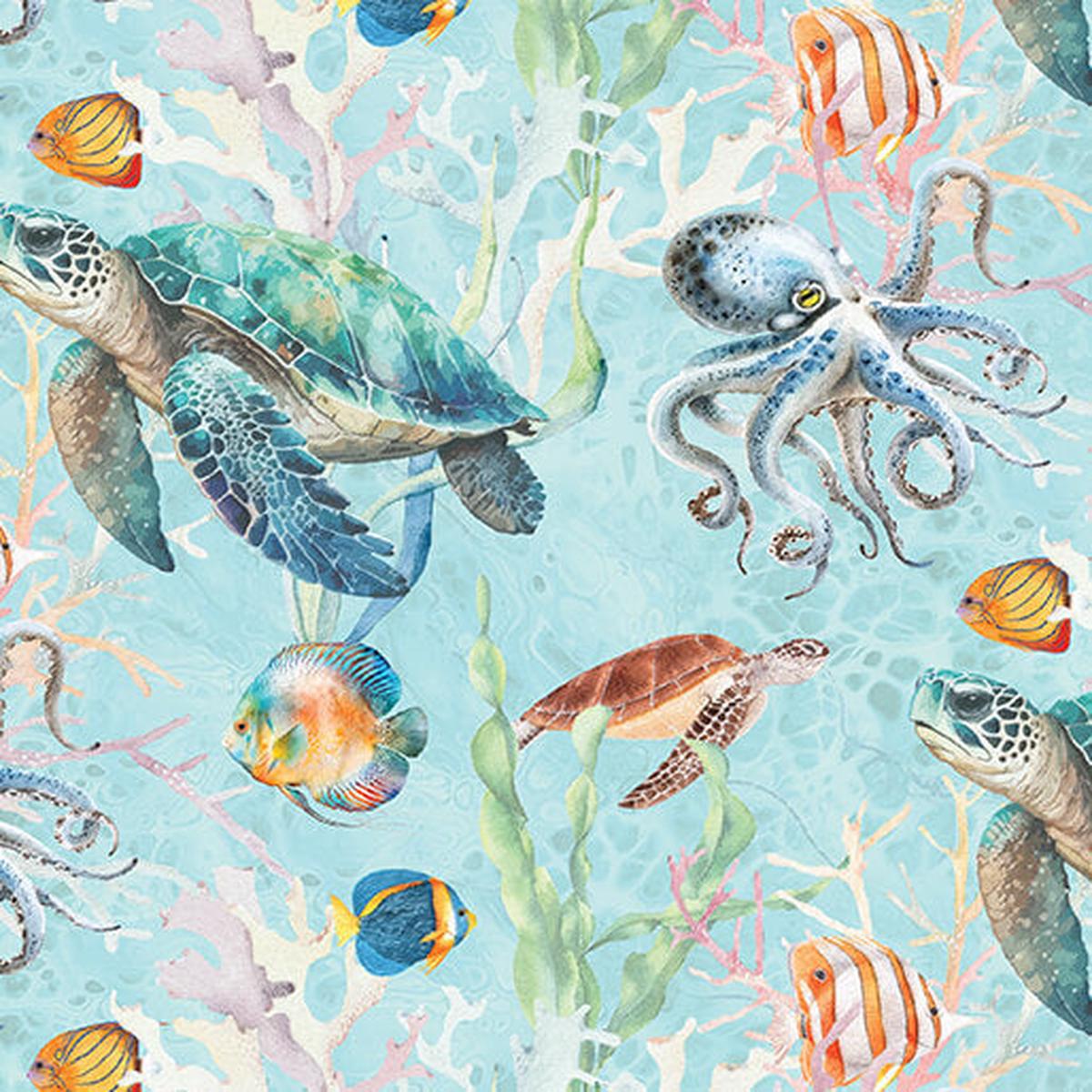 Under The Sea Under Sea World Light Turquoise Multi Skyline Studio Benartex Cotton Fabric BE-16529-80 1/2