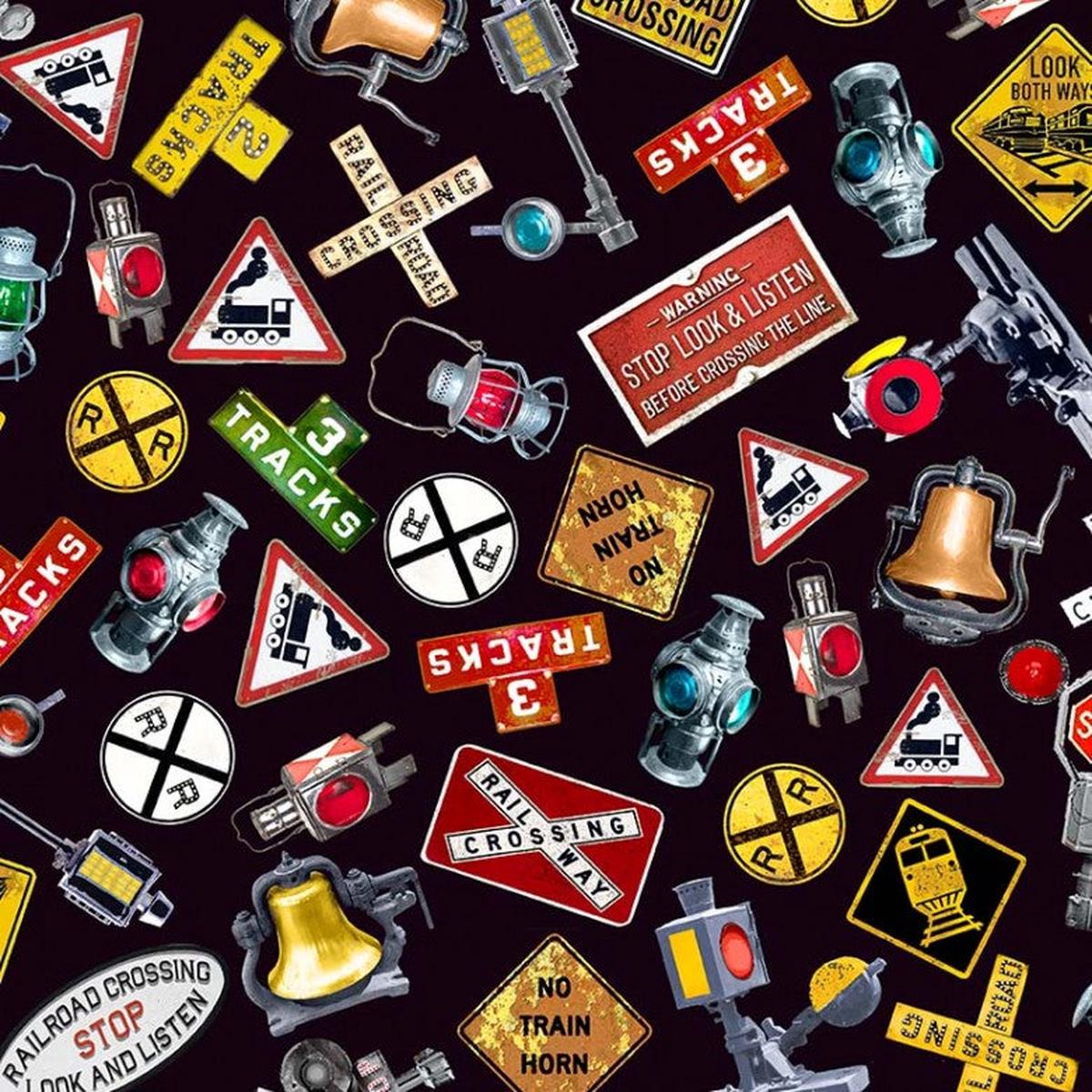 All Aboard Railroad Crossing Black Michael Miller Cotton Fabric 1/2