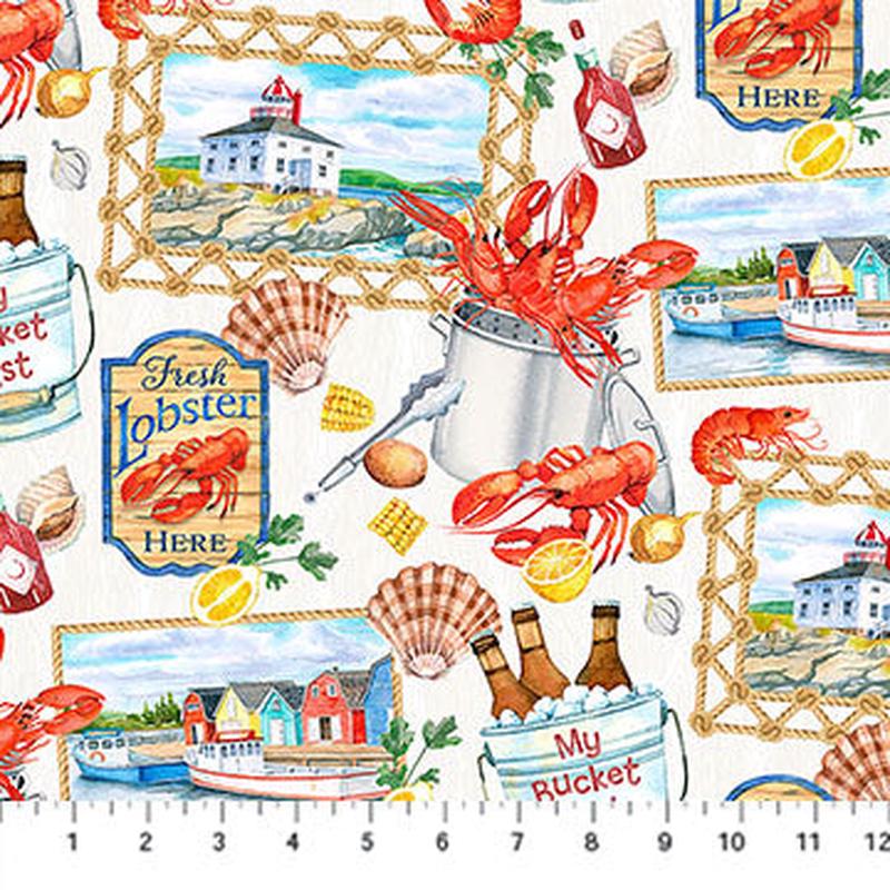 Atlantic Coast Coastal Collage White Multi Deborah Edwards Northcott Cotton Fabric NC-DP28006-10 1