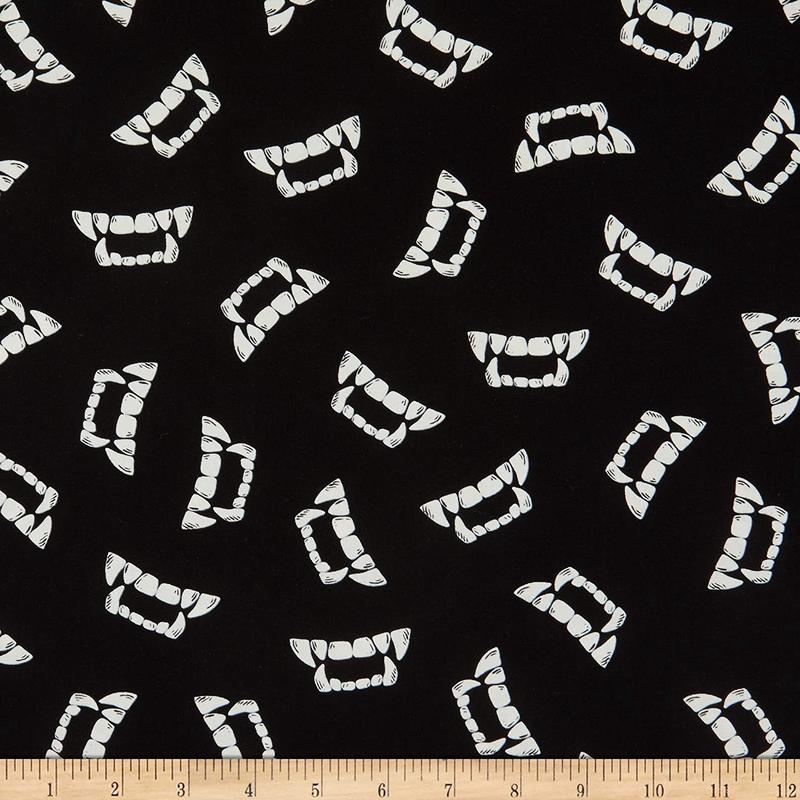 Vampire Teeth Glow the Dark Fun Black Timeless Treasures Cotton Fabric TT-CG8539 Black