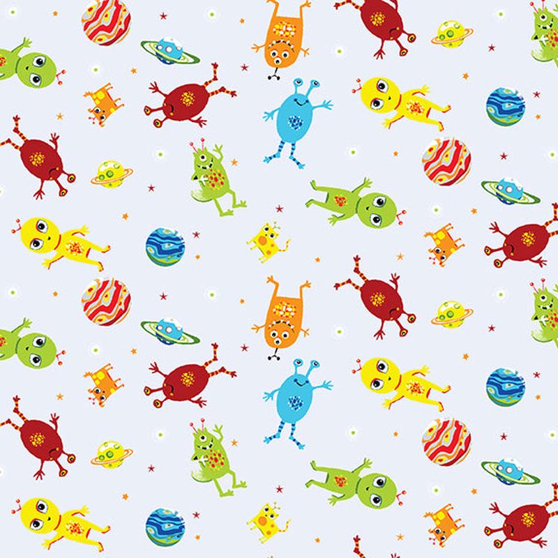 Blast off into Space Aliens Tossed Allover Gray Kate Mawdsley Henry Glass Cotton Fabric 1