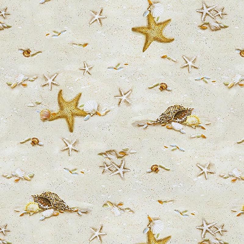Turtle March Starfish and Seashells Sand Beige Lisa Marie Sparling Henry Glass Cotton Fabric HG-1142-31